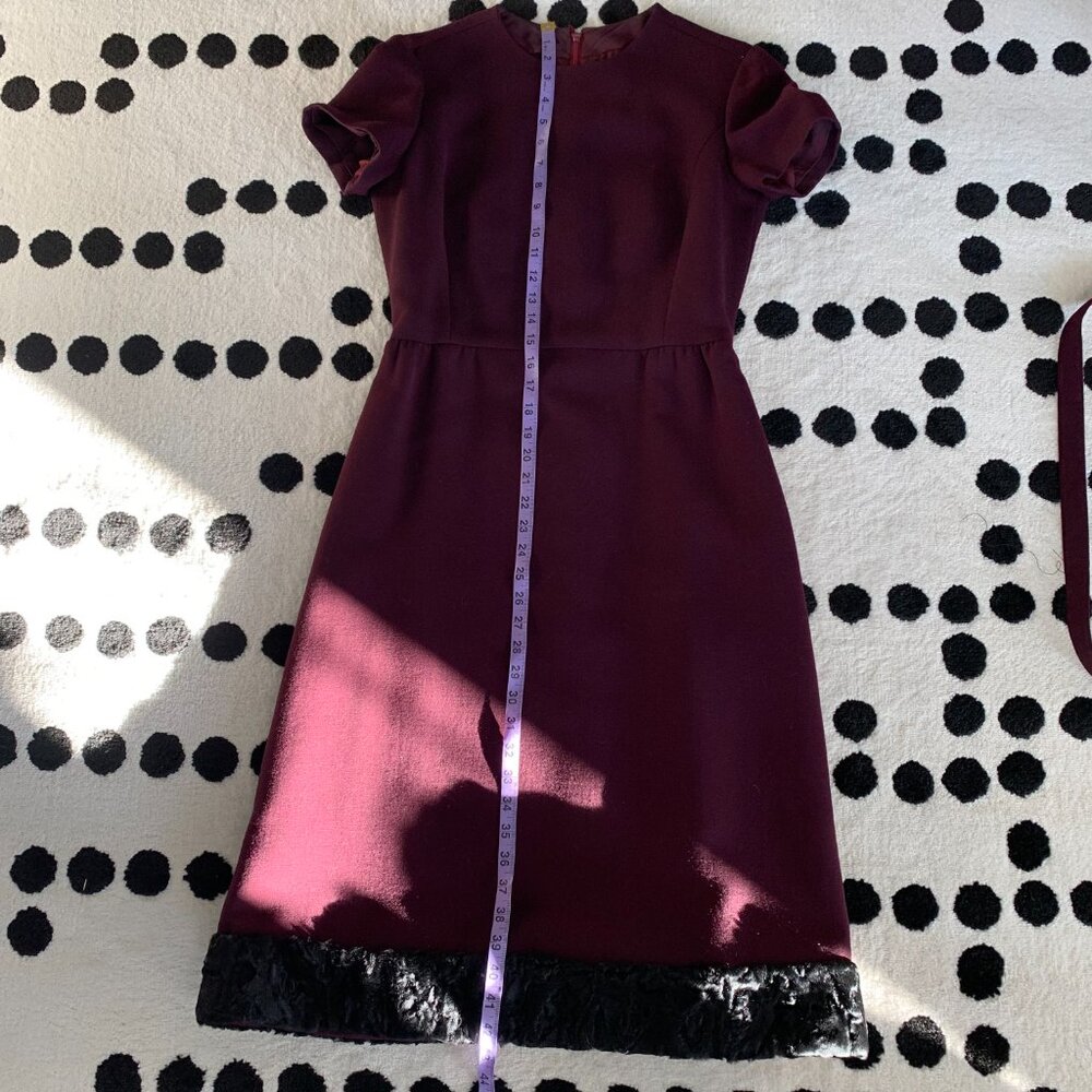 Vintage 60s Burgundy Black Faux Fur Trim 2 Pc Belted Dress Cropped Blazer Set - Picture 13 of 16